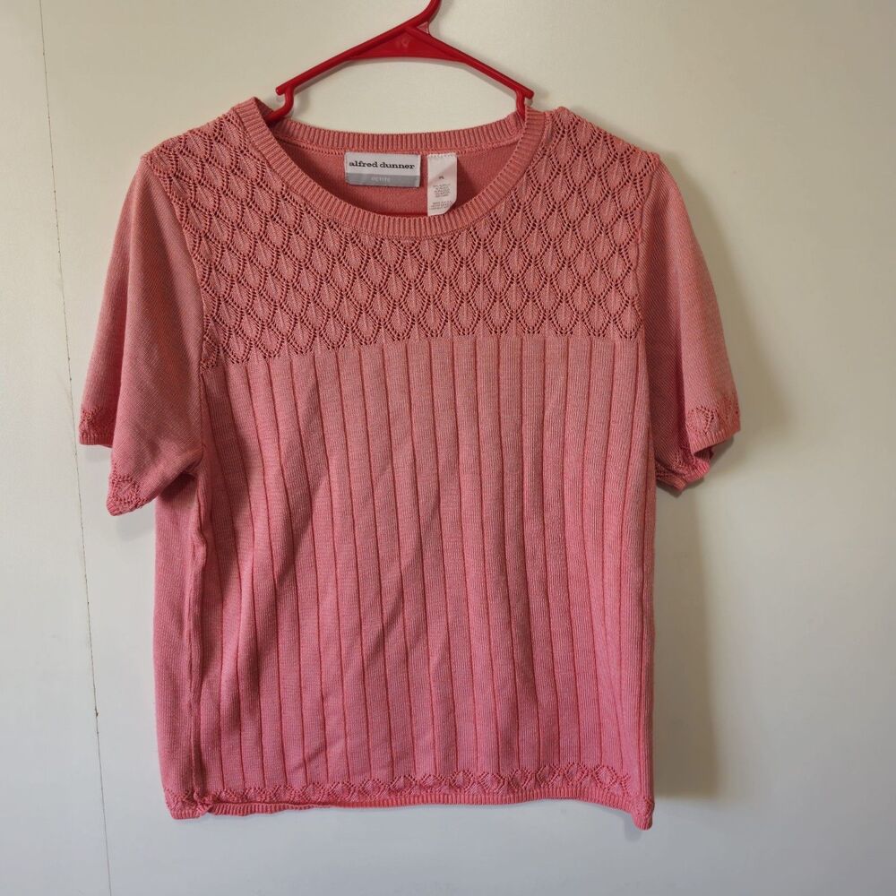 Alfred Dunner Petite PL Salmon Pink Pointelle Knit Short Sleeve Sweater Womens